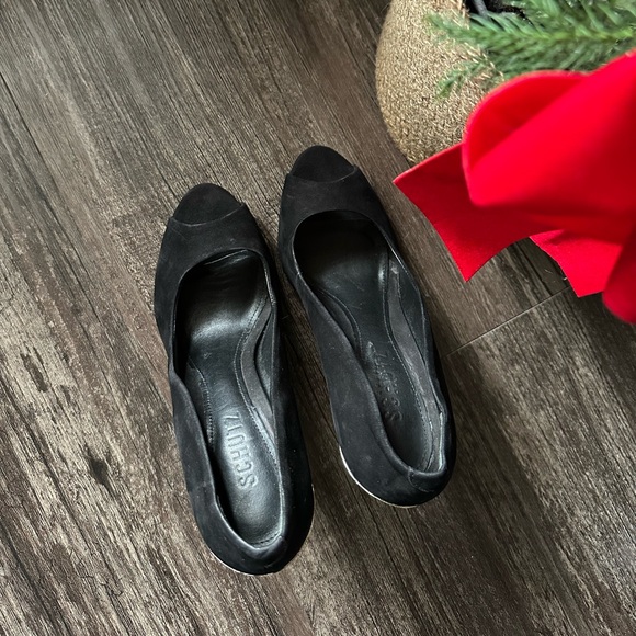 SCHUTZ Black Open Toe Leather Pumps With Gold Heels Size 7.5 - Picture 3 of 8